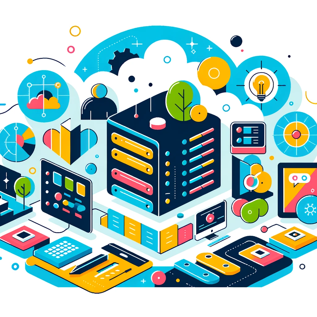 Illustration des différents types de services d'infogérance, incluant la gestion de serveurs, la maintenance des postes de travail, la surveillance en temps réel, et les mesures de sécurité proactives, dans un style vectoriel minimaliste et coloré.